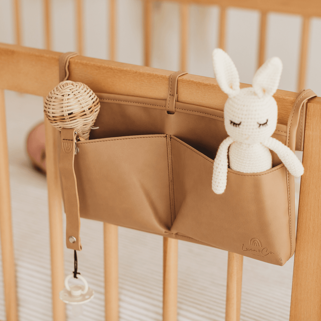Vegan Leather Cot Organiser- Tan - Luca and Co Collective